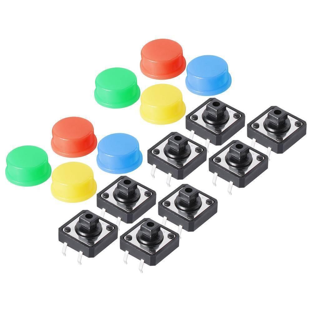 12 x 12mm x 7.5mm Push Button with Cap - a set of six black tactile switches and six assorted colorful plastic button caps.