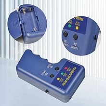 125kHz Handheld RFID Reader Writer, Upgrade Smart Id Card Duplicator Cloner - the blue device, a close-up of the battery compartment, and a close-up of the buttons and indicator lights.