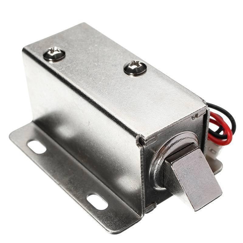 MA1206 54 x 42 x 28mm 12V DC Cabinet Drawer Electric Door Lock Assembly Solenoid Lock - a silver metal solenoid lock assembly with a protruding latch and red and black power wires.