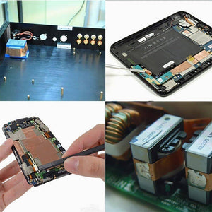 12mm One Sided Copper Foil Conductive Adhesive Tape - shown in a collage of four photos demonstrating its application on electronic device components.