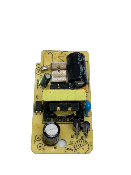 12V 1000mA 12V 1A Power Supply Isolated Switching Power Supply AC DC Power Supply - a yellow transformer, capacitors, and a fuse on a yellow PCB.