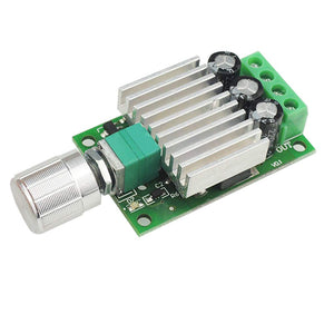 12V 24V 10A PWM For Motor Speed Controller Adjustable Speed Regulator Dimmer Control Switch For Fan Motors LED Light Motor Speed Controller - a silver rotary knob, a large aluminum heatsink, three capacitors, and a green four-terminal block.