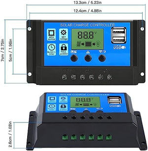 12V 24V 10A Solar Charge Controller Dy-002 - shown from front and top angles with dimension labels, an LCD screen, three buttons, and two USB ports.