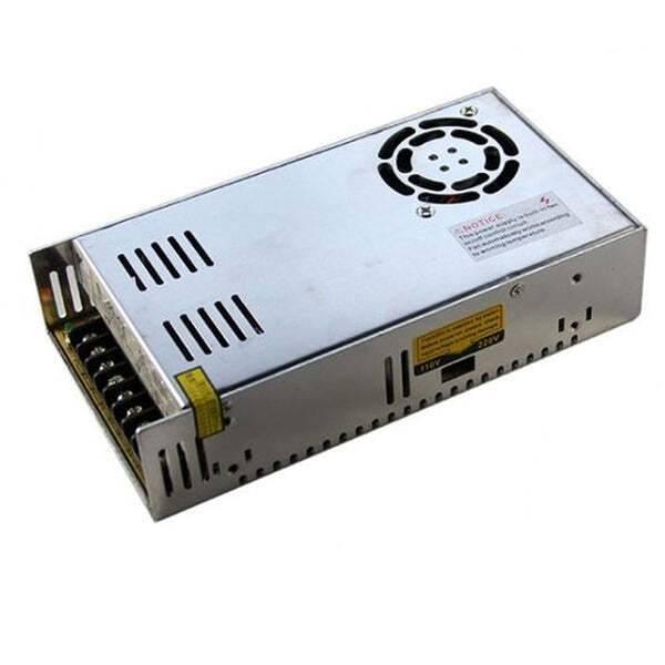 12V 29A DC Power Supply New - a silver rectangular metal unit with a cooling fan on top, side ventilation slots, and a terminal block on the end.