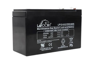 12V 9A DC Battery - a black rectangular sealed lead-acid battery with two metal terminals on top and technical specifications printed on the front.