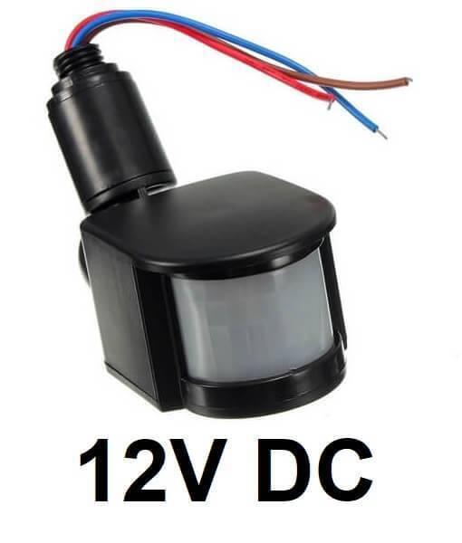12V Automatic Infrared PIR Motion Sensor Detector Switch - a black plastic motion sensor with a translucent lens and three colored wires extending out.