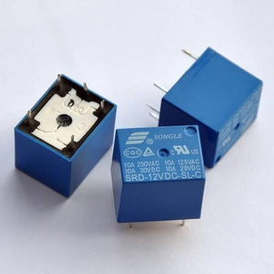 12V Coil T73 Relay 10 Amp Spdt 5 Pin Relay - one showing its five metal pins and two showing printed specifications.