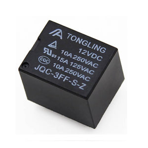 12V Coil T73 Relay 10 Amp Spdt 5 Pin Relay - a black, cube-shaped electronic component with technical specifications printed on its top surface.