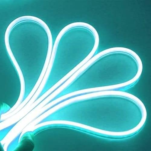 12V Ice Blue Neon Flexible Strip Light 1m Waterproof SMD 5050 Rope String Silicone Lamp Outdoor Lighting - shown as a glowing, curved length of waterproof silicone rope light emitting a bright ice blue colour.