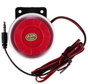 12V Piezo Buzzer Alarm Speaker - a red circular speaker with a white housing, a black mounting bracket, and a wire with a 3.5mm jack connector.