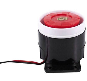 12V Piezo Buzzer Alarm Speaker - a black cylindrical base with a white rim, a red top with a Q.C. Passed sticker, and attached red and black wires.