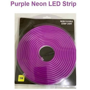 12V Purple Neon Flexible Strip Light 1m Waterproof SMD 5050 Rope String Silicone Lamp Outdoor Lighting - shown as a 5-meter coil of purple neon rope light inside its original plastic packaging.