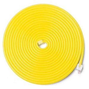 12V Yellow Neon Flexible Strip Light 1m Waterproof SMD 5050 Rope String Silicone Lamp Outdoor Lighting - shown coiled in a circular shape with a white two-pin connector attached at the end.