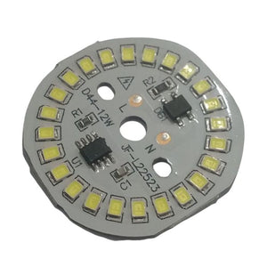 12W 220V LED Light - a circular grey printed circuit board featuring numerous small surface-mounted LEDs, a bridge rectifier, and an integrated circuit.
