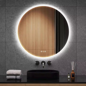 12W Three-Button Inductive Stepless Temperature Touch Sensor Color Adjustment for Bathroom Mirror Dimming and Defogging - wall-mounted bathroom mirror with a glowing LED frame and three touch-sensitive icons.