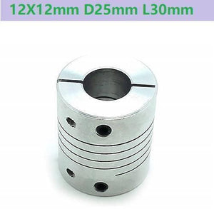 12x12mm Aluminum Flexible Coupling D25MM L30MM - a cylindrical silver aluminum shaft coupler with a spiral cut and four visible set screw holes.