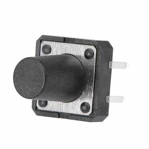 12x12x12mm Tactile Push Button Switch - a black square tactile switch with a tall cylindrical button cap and two metal pins extending from one side.