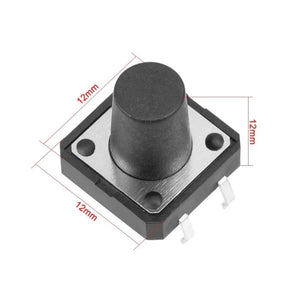 12x12x12mm Tactile Push Button Switch - a black square tactile switch with a tall cylindrical button and four metal pins, overlaid with dimension lines.