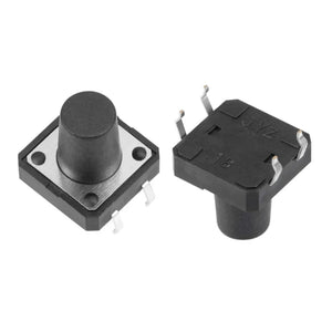 12x12x12mm Tactile Push Button Switch - two black square tactile switches with tall round plungers and four metal pins, one viewed from above.