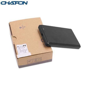 13.56MHz RFID Reader NFC Reader Writer - shown as a black rectangular device next to its cardboard packaging box with a product label.
