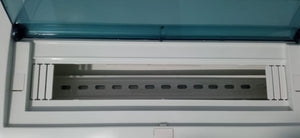 13 Way Dustproof Metal Breaker Box solar box - an empty white plastic enclosure with a blue transparent hinged cover and an internal metal DIN rail.