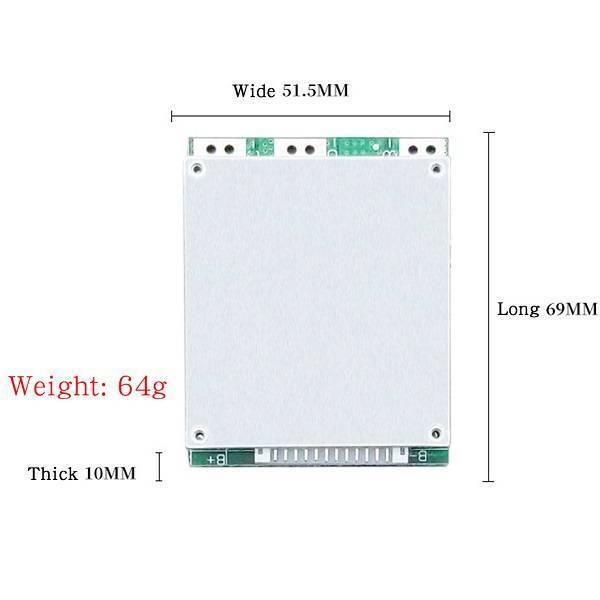 13S 35A 48V Li-ion Lithium 18650 BMS PCB Pcm Battery Pack Balance Integrated Circuits Board For Arduino - a rectangular silver-colored circuit board shown with dimension labels for its width, length, thickness, and weight.