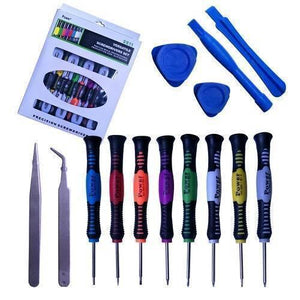 14 Pcs Repair Tools Screwdrivers Kit For Smartphone Pc Tablet 2811 - eight multi-coloured precision screwdrivers, two tweezers, two pry tools, and two picks.