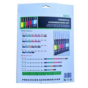 14 Pcs Repair Tools Screwdrivers Kit For Smartphone Pc Tablet 2811 - a list of screwdriver set configurations and a graphic of the colorful handled tools.