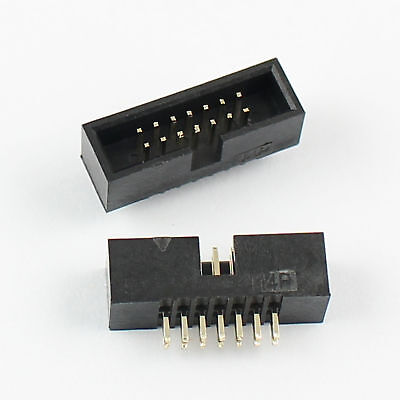14-pin 2.54mm 2x7 Pin IDC Connector Straight Male Shrouded PCB Box Header – IDC Socket Connector - one viewed from above and one from the side.