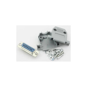 15 Pin Vag Serial Port Male Socket Adapter Connector DB15P - shown as a disassembled kit with a metal connector, two grey plastic shells, and metal screws.