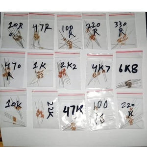 150pcs Resistor Pack Of 15 Values 10R,47R,100R,220R,330R,470R,1k,2.2k,4.7k,6.8k,10k,22k,47k,100k,220k - 15 small clear plastic bags containing various brown cylindrical resistors, each labeled with its resistance value in black ink.