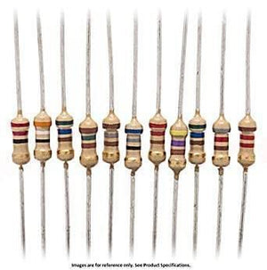 150pcs Resistor Pack Of 15 Values 10R,47R,100R,220R,330R,470R,1k,2.2k,4.7k,6.8k,10k,22k,47k,100k,220k - eleven individual axial-lead resistors with various coloured bands arranged in a vertical row against a white background.