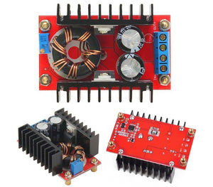 150W DC To DC Boost Converter 10 32V To 12 35V 6A Step Up Power Supply Module - three views of a red circuit board with heat sinks, a toroidal inductor, two capacitors, and screw terminal ports.