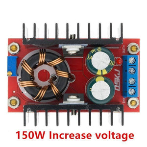150W DC To DC Boost Converter 10 32V To 12 35V 6A Step Up Power Supply Module - a red circuit board with a large copper inductor, two capacitors, heatsinks, screw terminals, and a blue potentiometer.