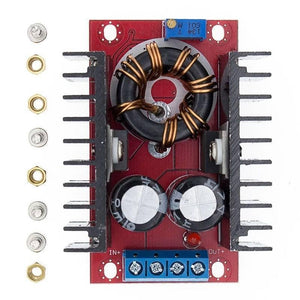 150W DC To DC Boost Converter 10 32V To 12 35V 6A Step Up Power Supply Module - a red circuit board with a toroidal inductor, two heat sinks, a blue screw terminal, a potentiometer, and hardware.