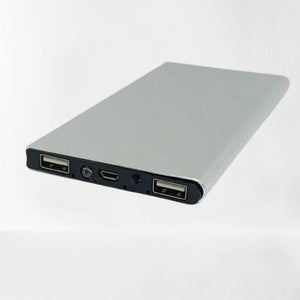 152MMX75MM Aluminium power bank - a slim silver rectangular device featuring two USB ports, a micro-USB port, and a small circular button on the front edge.