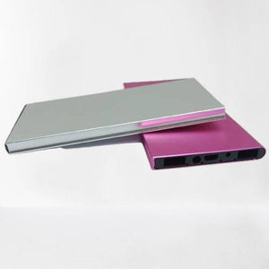 152MMX75MM Aluminium power bank - a silver unit resting on a pink unit with visible input and output ports on the side.
