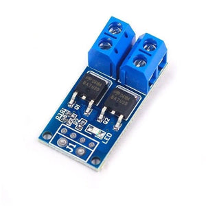 15A 400W MOSFET Trigger Switch Drive Module - a blue circuit board featuring two MOSFETs, two screw terminal blocks, and a small LED indicator.