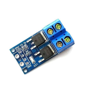 15A 400W MOSFET Trigger Switch Drive Module - a blue rectangular circuit board featuring two MOSFETs, two screw terminals, and four input pins.