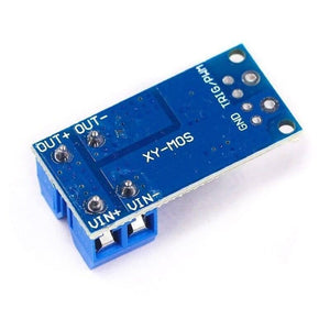 15A 400W MOSFET Trigger Switch Drive Module - a blue rectangular circuit board with labeled VIN, OUT, and TRIG/PWM ports and screw terminals.
