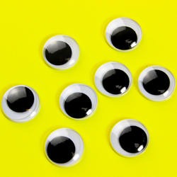 15mm Googly Eyes 12pcs - shown as a collection of eight round, white-rimmed plastic eyes with black pupils scattered across a bright yellow background.