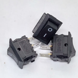 15MMX10MMX8MM KCD11 Rocker Switch 3A - three small black rectangular rocker switches with two metal terminals each, featuring O-I markings on the switch surface.