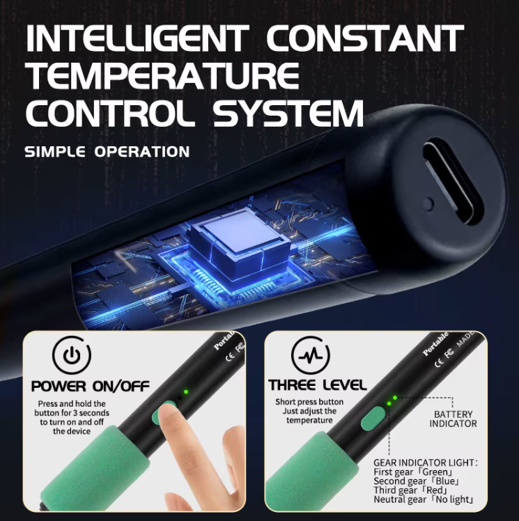 15W chargeable USB c soldering iron set price - the device's USB-C port, power button, battery indicator, and gear indicator light color settings.