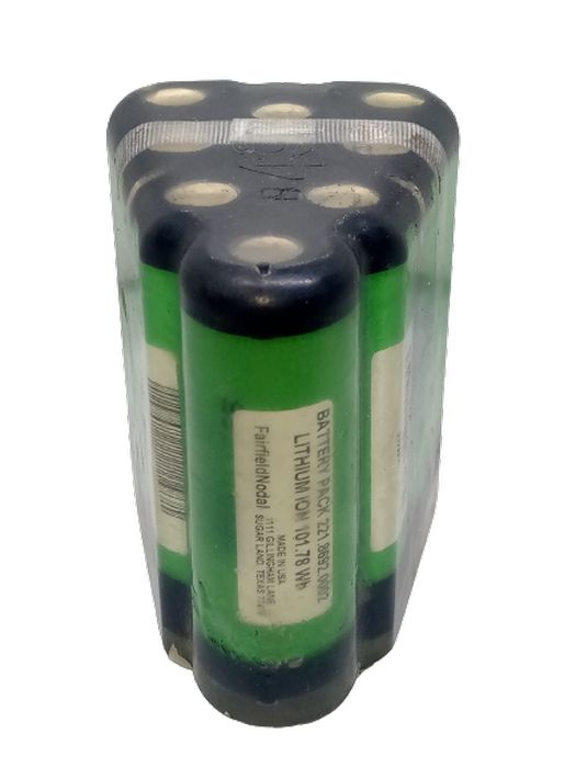 16.8V 3500mAh 18650 Lithium Battery Pack - shown as a triangular bundle of green cylindrical cells wrapped in clear plastic with a white identification label.
