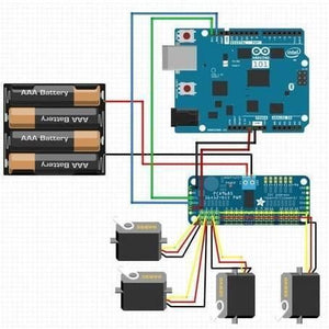 16 Channel Servo Motor Driver PCA9685 12 Bit PWM I2c Module For Arduino - connections to an Arduino 101, battery pack, and four servos.