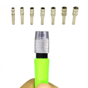16 In 1 Multi Functional Screwdriver Precision Set - a green handle with a silver chuck and seven assorted metal socket driver bits arranged above.