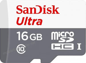 16GB Class 10 Micro SD Card For Raspberry Pi - a white and grey SanDisk Ultra microSDHC I memory card with a 16GB capacity and Class 10 symbol.