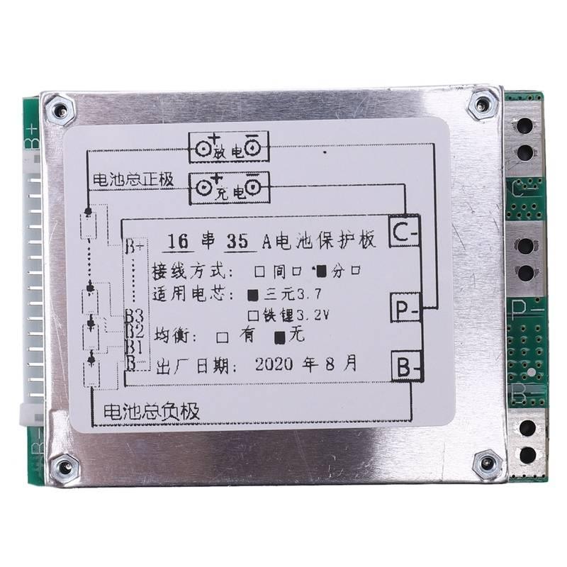 16S 60V 35A Li-ion Lithium 18650 BMS Protection Board - a silver metal casing with a white label detailing wiring diagrams and specifications.