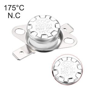 175°c Normally Closed Thermostat Thermal Temperature KSD301 Switch Nc - a silver metal thermal switch with two mounting tabs and a circular close-up of the top markings.