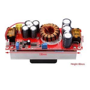 1800W 40A DC To DC Adjustable Constant Voltage And Current Power Supply Boost Converter Module - with a red circuit board, large copper inductor, multiple capacitors, two blue potentiometers, and a heat sink.